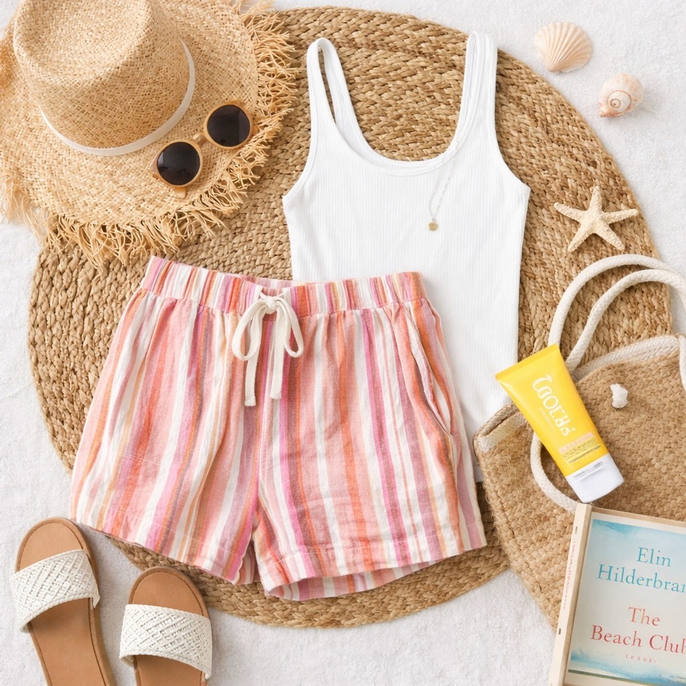 Caslon | Pink Striped Linen Blend Shorts | Beachy Drawstring Casual | Size M